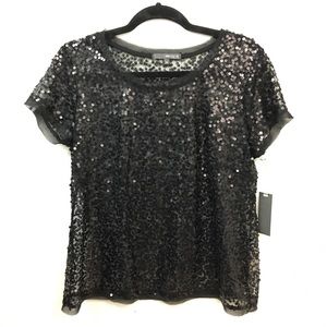 Black Sequin Short Sleeve Sheer Top- Md